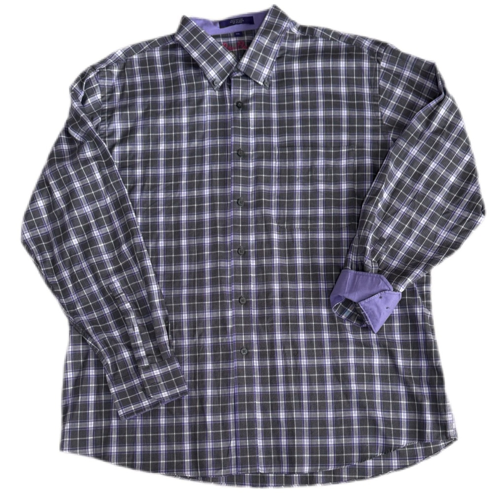 Alan Flusser button down Size XXL 100% cotton plaid purple cuff collar EUC